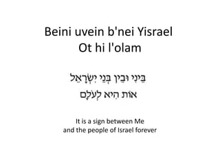 Beini uvein b'nei Yisrael
Ot hi l'olam
It is a sign between Me
and the people of Israel forever