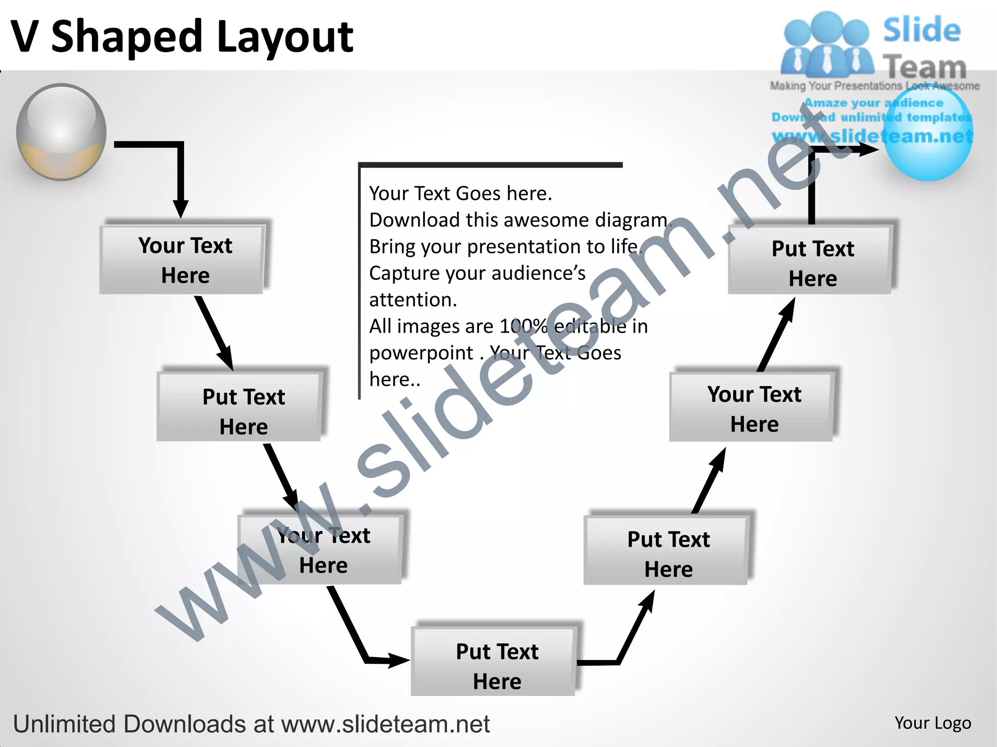 V Shaped Layout

                                                                         e t
                                                              .n
                               Your Text Goes here.



                                                            m
                               Download this awesome diagram.
          Your Text            Bring your presentation to life.         Put Text


                                                a
            Here               Capture your audience’s                   Here


                                              te
                               attention.
                               All images are 100% editable in


                                            e
                               powerpoint . Your Text Goes



                                       id
                               here..
                Put Text                                          Your Text
                 Here


                             .     s l                              Here




                w          w
                       Your Text
                         Here
                                                          Put Text
                                                           Here


              w                         Put Text
                                         Here
Unlimited Downloads at www.slideteam.net                                           Your Logo
 
