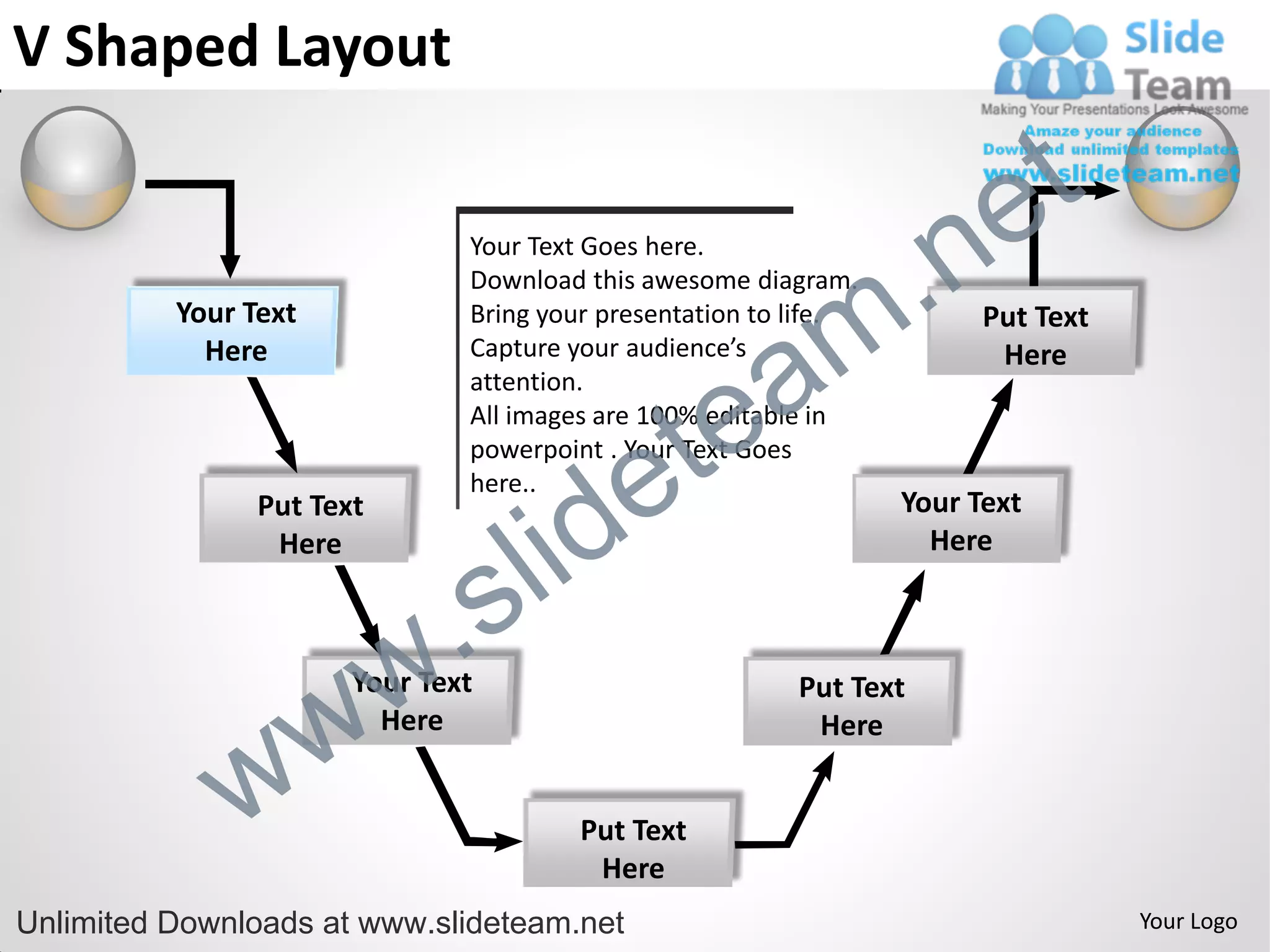 V Shaped Layout

                                                                         e t
                                                              .n
                               Your Text Goes here.



                                                            m
                               Download this awesome diagram.
          Your Text            Bring your presentation to life.         Put Text


                                                a
            Here               Capture your audience’s                   Here


                                              te
                               attention.
                               All images are 100% editable in


                                            e
                               powerpoint . Your Text Goes



                                       id
                               here..
                Put Text                                          Your Text
                 Here


                             .     s l                              Here




                w          w
                       Your Text
                         Here
                                                          Put Text
                                                           Here


              w                         Put Text
                                         Here
Unlimited Downloads at www.slideteam.net                                           Your Logo
 