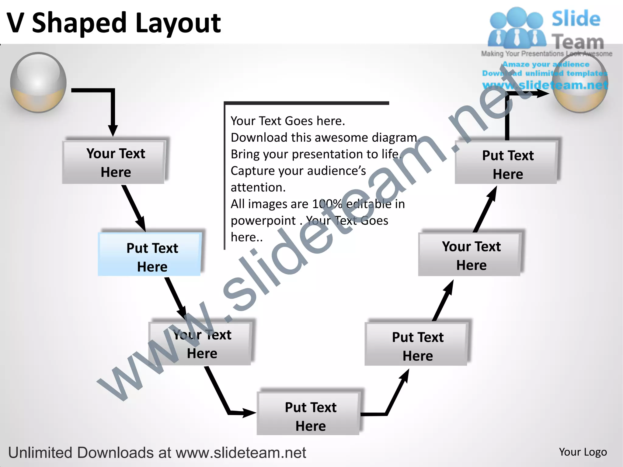 V Shaped Layout

                                                                         e t
                                                              .n
                               Your Text Goes here.



                                                            m
                               Download this awesome diagram.
          Your Text            Bring your presentation to life.         Put Text


                                                a
            Here               Capture your audience’s                   Here


                                              te
                               attention.
                               All images are 100% editable in


                                            e
                               powerpoint . Your Text Goes



                                       id
                               here..
                Put Text                                          Your Text
                 Here


                             .     s l                              Here




                w          w
                       Your Text
                         Here
                                                          Put Text
                                                           Here


              w                         Put Text
                                         Here
Unlimited Downloads at www.slideteam.net                                           Your Logo
 