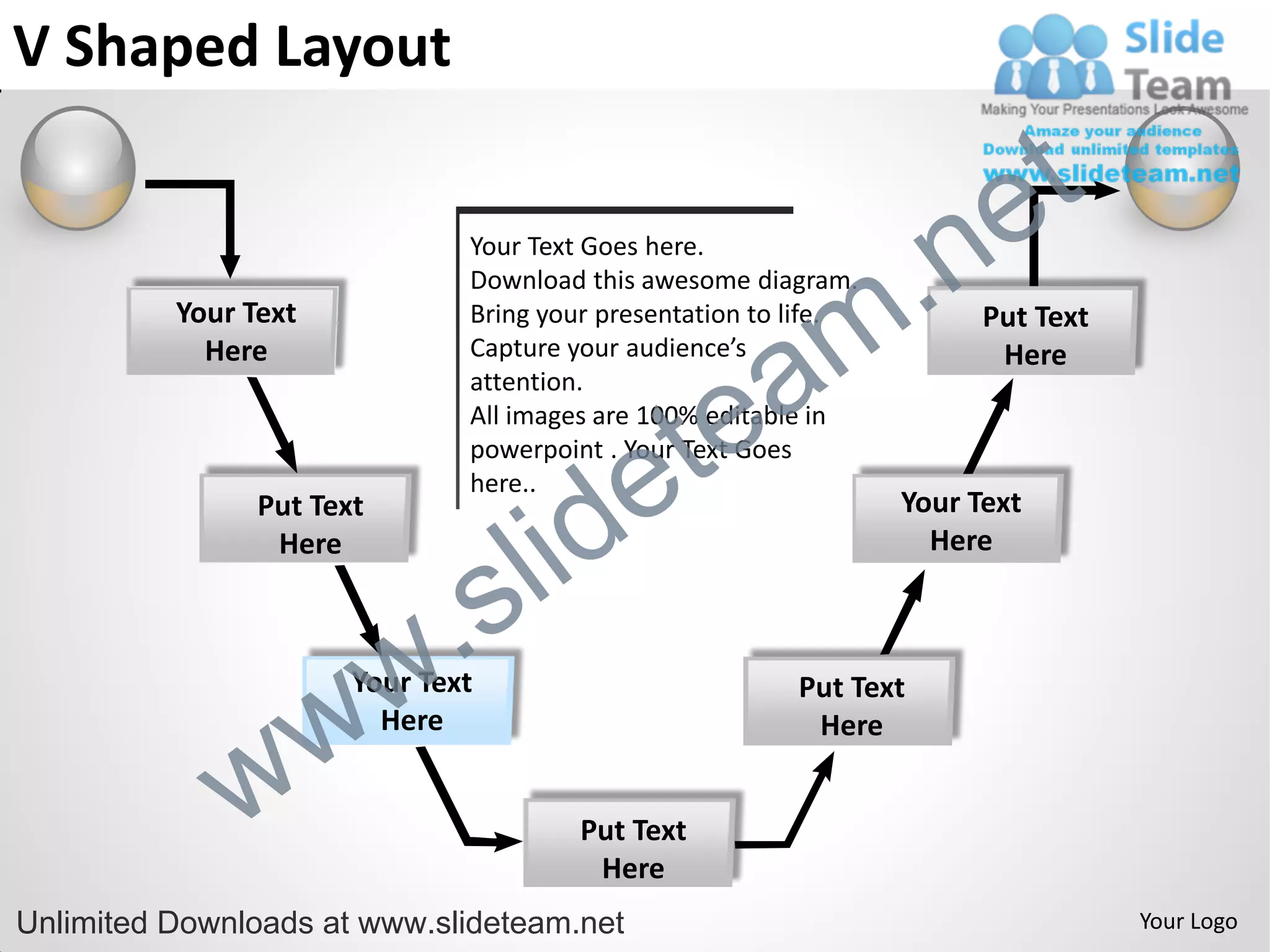 V Shaped Layout

                                                                         e t
                                                              .n
                               Your Text Goes here.



                                                            m
                               Download this awesome diagram.
          Your Text            Bring your presentation to life.         Put Text


                                                a
            Here               Capture your audience’s                   Here


                                              te
                               attention.
                               All images are 100% editable in


                                            e
                               powerpoint . Your Text Goes



                                       id
                               here..
                Put Text                                          Your Text
                 Here


                             .     s l                              Here




                w          w
                       Your Text
                         Here
                                                          Put Text
                                                           Here


              w                         Put Text
                                         Here
Unlimited Downloads at www.slideteam.net                                           Your Logo
 