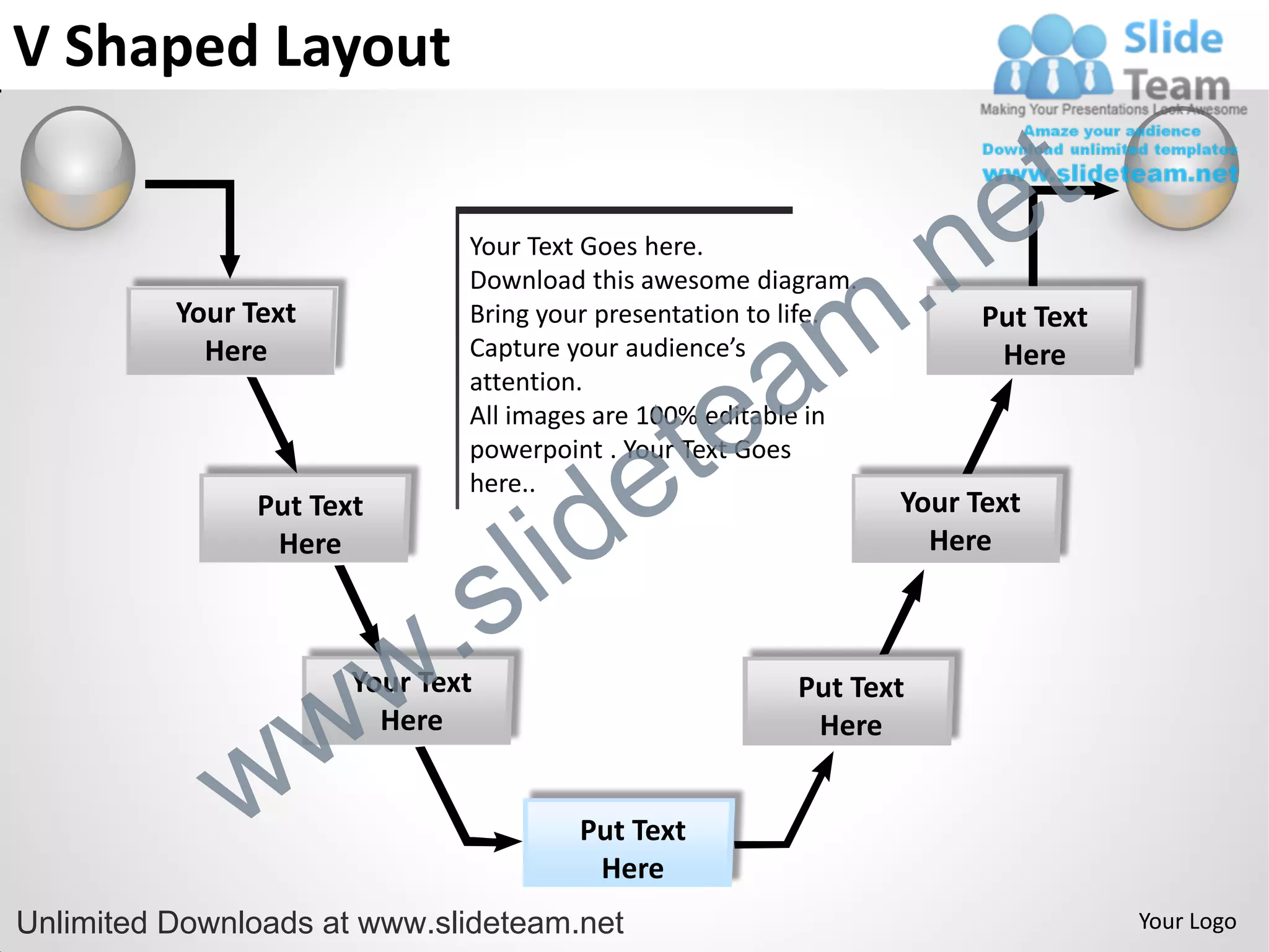 V Shaped Layout

                                                                         e t
                                                              .n
                               Your Text Goes here.



                                                            m
                               Download this awesome diagram.
          Your Text            Bring your presentation to life.         Put Text


                                                a
            Here               Capture your audience’s                   Here


                                              te
                               attention.
                               All images are 100% editable in


                                            e
                               powerpoint . Your Text Goes



                                       id
                               here..
                Put Text                                          Your Text
                 Here


                             .     s l                              Here




                w          w
                       Your Text
                         Here
                                                          Put Text
                                                           Here


              w                         Put Text
                                         Here
Unlimited Downloads at www.slideteam.net                                           Your Logo
 