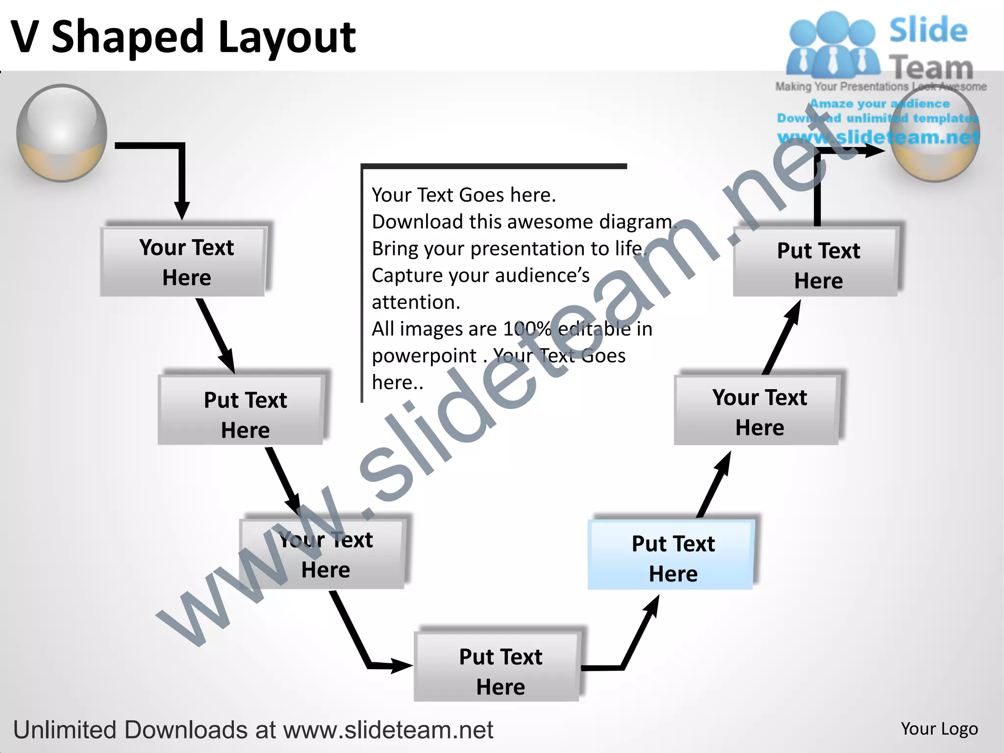 V Shaped Layout

                                                                         e t
                                                              .n
                               Your Text Goes here.



                                                            m
                               Download this awesome diagram.
          Your Text            Bring your presentation to life.         Put Text


                                                a
            Here               Capture your audience’s                   Here


                                              te
                               attention.
                               All images are 100% editable in


                                            e
                               powerpoint . Your Text Goes



                                       id
                               here..
                Put Text                                          Your Text
                 Here


                             .     s l                              Here




                w          w
                       Your Text
                         Here
                                                          Put Text
                                                           Here


              w                         Put Text
                                         Here
Unlimited Downloads at www.slideteam.net                                           Your Logo
 