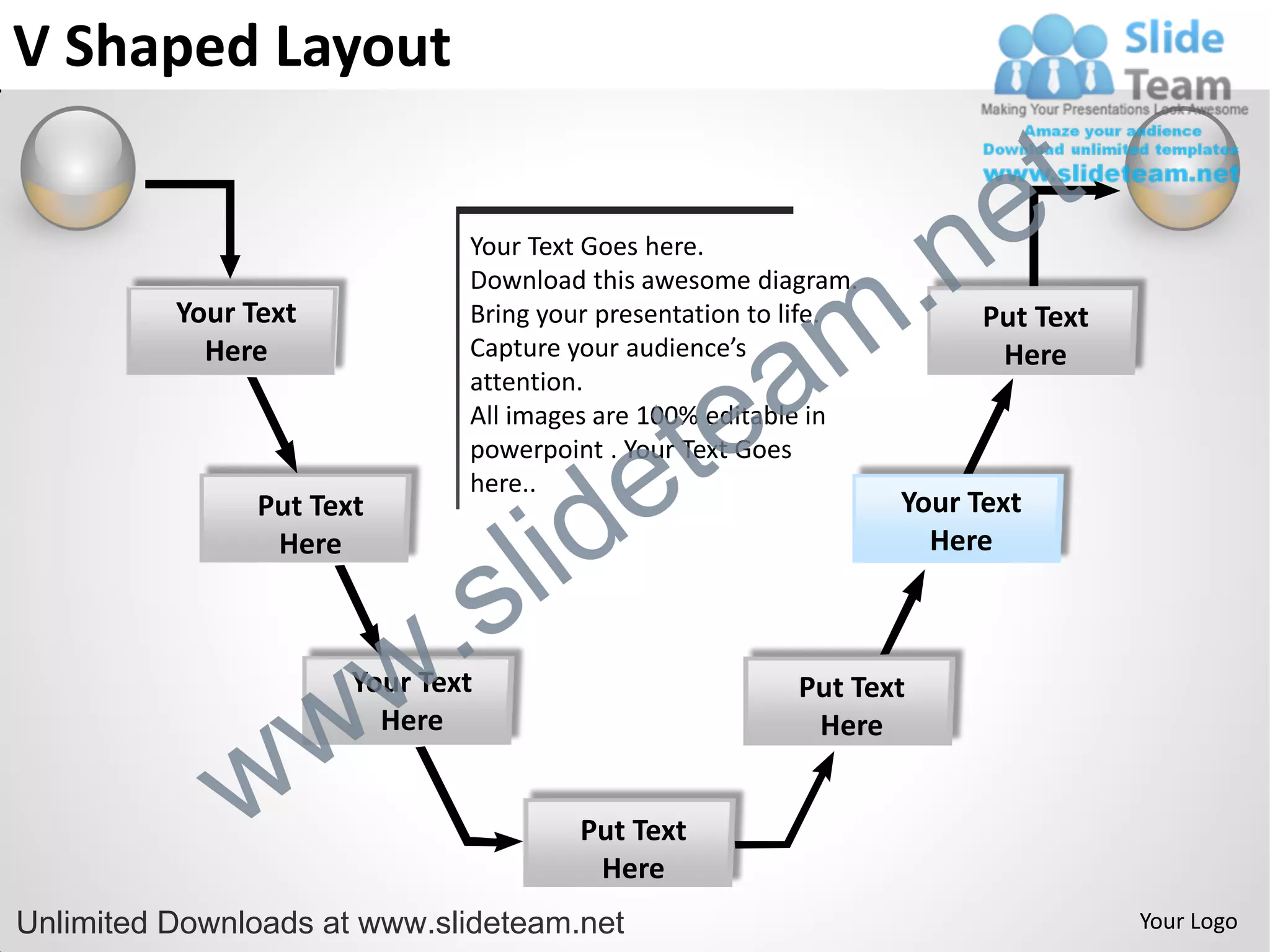 V Shaped Layout

                                                                         e t
                                                              .n
                               Your Text Goes here.



                                                            m
                               Download this awesome diagram.
          Your Text            Bring your presentation to life.         Put Text


                                                a
            Here               Capture your audience’s                   Here


                                              te
                               attention.
                               All images are 100% editable in


                                            e
                               powerpoint . Your Text Goes



                                       id
                               here..
                Put Text                                          Your Text
                 Here


                             .     s l                              Here




                w          w
                       Your Text
                         Here
                                                          Put Text
                                                           Here


              w                         Put Text
                                         Here
Unlimited Downloads at www.slideteam.net                                           Your Logo
 