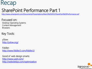 Recap
SharePoint Performance Part 1
http://www.vsharepoint.com/Documents/Presentations/March%202012/SharePoint%20Performance.swf


Focused on:
Desktop Operating Systems
Content Management
Browsers


Key Tools:
ySlow:
http://yslow.org/

Fiddler:
http://www.fiddler2.com/fiddler2/

Good ol’ web design smarts:
http://www.useit.com/
http://websitetips.com/optimization
 