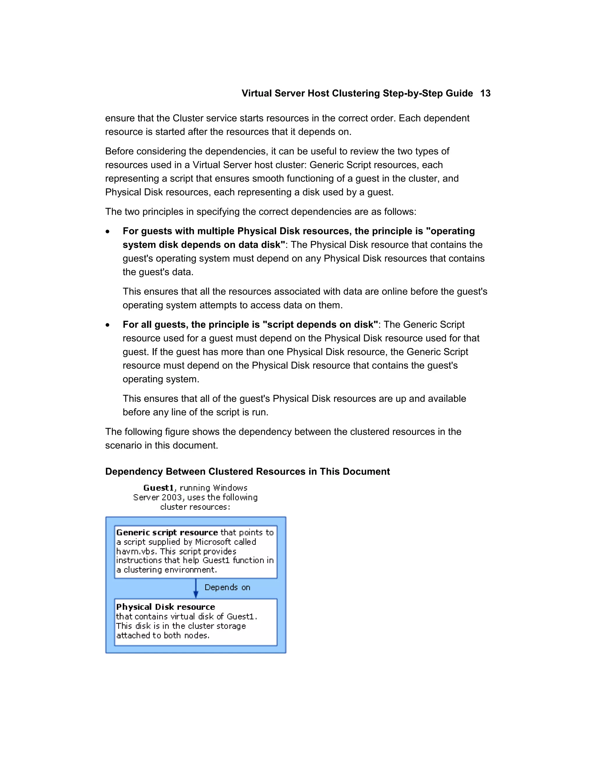 Virtual Server Host Clustering Step-by-Step Guide 13

ensure that the Cluster service starts resources in the correct order. Each dependent
resource is started after the resources that it depends on.

Before considering the dependencies, it can be useful to review the two types of
resources used in a Virtual Server host cluster: Generic Script resources, each
representing a script that ensures smooth functioning of a guest in the cluster, and
Physical Disk resources, each representing a disk used by a guest.

The two principles in specifying the correct dependencies are as follows:
    For guests with multiple Physical Disk resources, the principle is "operating
    system disk depends on data disk": The Physical Disk resource that contains the
    guest's operating system must depend on any Physical Disk resources that contains
    the guest's data.

    This ensures that all the resources associated with data are online before the guest's
    operating system attempts to access data on them.
    For all guests, the principle is "script depends on disk": The Generic Script
    resource used for a guest must depend on the Physical Disk resource used for that
    guest. If the guest has more than one Physical Disk resource, the Generic Script
    resource must depend on the Physical Disk resource that contains the guest's
    operating system.

    This ensures that all of the guest's Physical Disk resources are up and available
    before any line of the script is run.

The following figure shows the dependency between the clustered resources in the
scenario in this document.

Dependency Between Clustered Resources in This Document
 