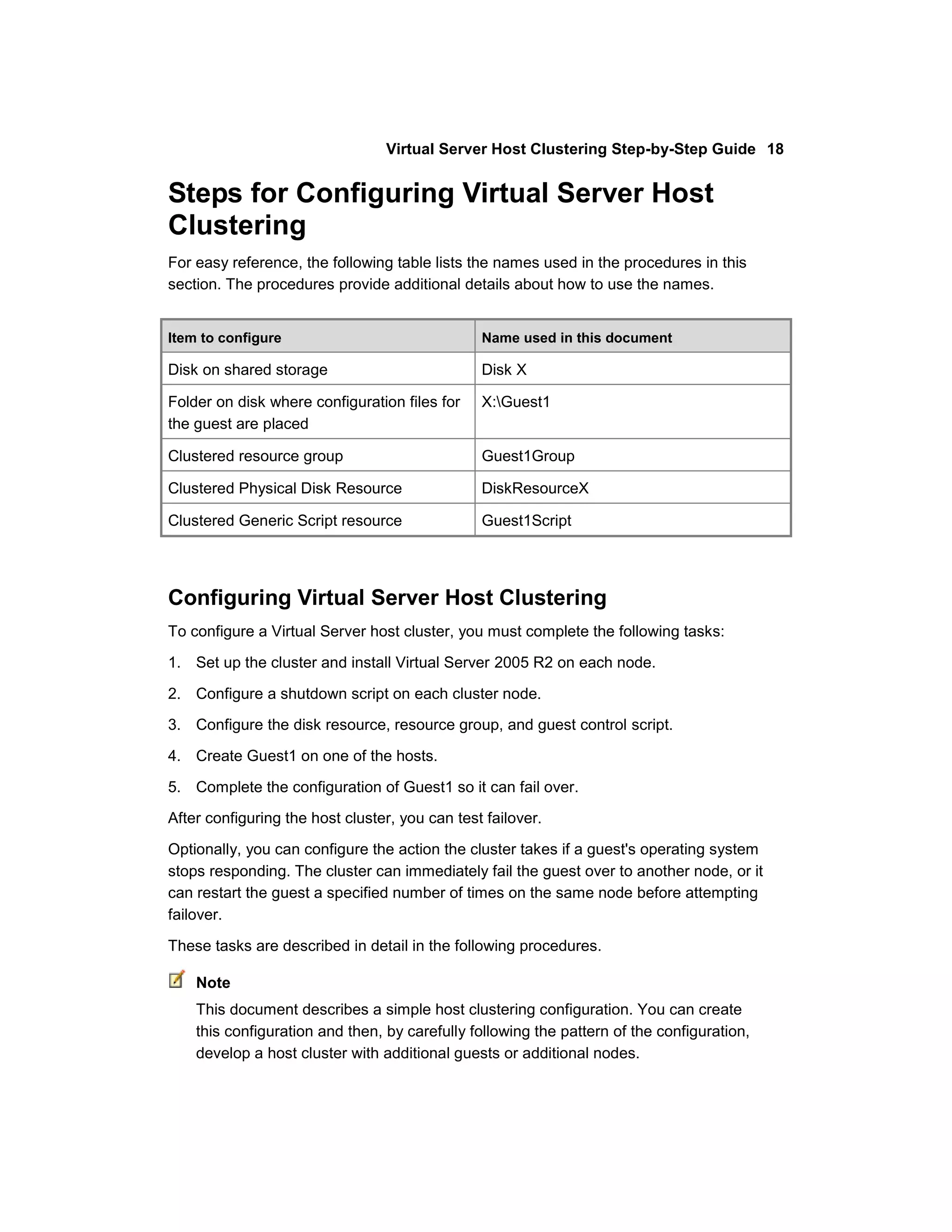 Virtual Server Host Clustering Step-by-Step Guide 18


Steps for Configuring Virtual Server Host
Clustering
For easy reference, the following table lists the names used in the procedures in this
section. The procedures provide additional details about how to use the names.


Item to configure                               Name used in this document

Disk on shared storage                          Disk X

Folder on disk where configuration files for    X:Guest1
the guest are placed

Clustered resource group                        Guest1Group

Clustered Physical Disk Resource                DiskResourceX

Clustered Generic Script resource               Guest1Script




Configuring Virtual Server Host Clustering
To configure a Virtual Server host cluster, you must complete the following tasks:

1. Set up the cluster and install Virtual Server 2005 R2 on each node.

2. Configure a shutdown script on each cluster node.
3. Configure the disk resource, resource group, and guest control script.

4. Create Guest1 on one of the hosts.

5. Complete the configuration of Guest1 so it can fail over.
After configuring the host cluster, you can test failover.

Optionally, you can configure the action the cluster takes if a guest's operating system
stops responding. The cluster can immediately fail the guest over to another node, or it
can restart the guest a specified number of times on the same node before attempting
failover.

These tasks are described in detail in the following procedures.

    Note
    This document describes a simple host clustering configuration. You can create
    this configuration and then, by carefully following the pattern of the configuration,
    develop a host cluster with additional guests or additional nodes.
 