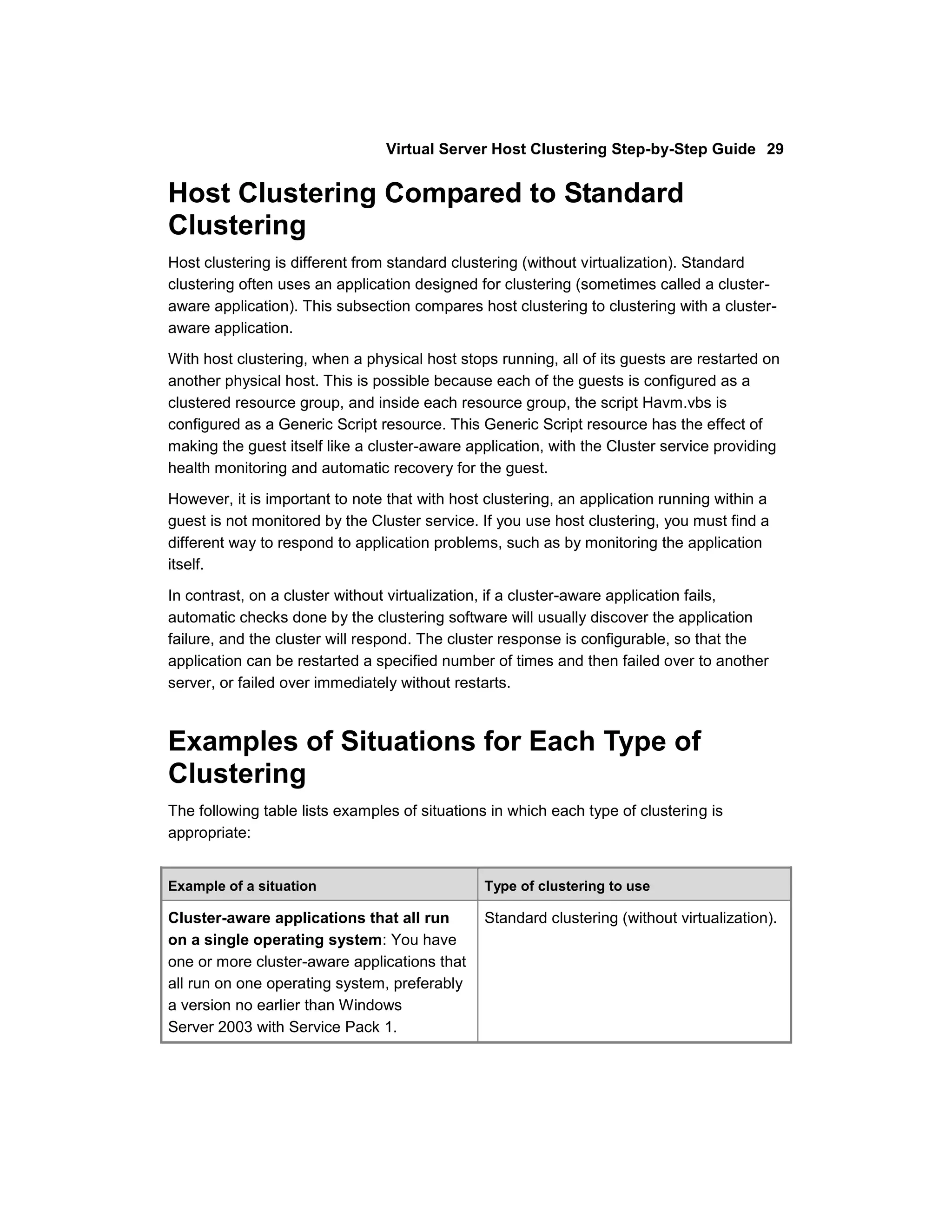 Virtual Server Host Clustering Step-by-Step Guide 29


Host Clustering Compared to Standard
Clustering
Host clustering is different from standard clustering (without virtualization). Standard
clustering often uses an application designed for clustering (sometimes called a cluster-
aware application). This subsection compares host clustering to clustering with a cluster-
aware application.
With host clustering, when a physical host stops running, all of its guests are restarted on
another physical host. This is possible because each of the guests is configured as a
clustered resource group, and inside each resource group, the script Havm.vbs is
configured as a Generic Script resource. This Generic Script resource has the effect of
making the guest itself like a cluster-aware application, with the Cluster service providing
health monitoring and automatic recovery for the guest.

However, it is important to note that with host clustering, an application running within a
guest is not monitored by the Cluster service. If you use host clustering, you must find a
different way to respond to application problems, such as by monitoring the application
itself.

In contrast, on a cluster without virtualization, if a cluster-aware application fails,
automatic checks done by the clustering software will usually discover the application
failure, and the cluster will respond. The cluster response is configurable, so that the
application can be restarted a specified number of times and then failed over to another
server, or failed over immediately without restarts.



Examples of Situations for Each Type of
Clustering
The following table lists examples of situations in which each type of clustering is
appropriate:


Example of a situation                         Type of clustering to use

Cluster-aware applications that all run        Standard clustering (without virtualization).
on a single operating system: You have
one or more cluster-aware applications that
all run on one operating system, preferably
a version no earlier than Windows
Server 2003 with Service Pack 1.
 