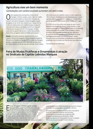11
Agricultura vive um bom momento
Contratações com carteira assinada aumentam em abril e maio.
E
m sua 16ª edição, o STTR de Capitão Leônidas
Marques realizou entre 13 a 17 de junho a Feira de
Mudas Frutíferas e Ornamentais, na sede do Sindicato.
“Nosso objetivo foi apresentar as novas tendências de
jardinagens e formação de pomares, com instruções
de poda, plantio e conservação”, disse o presidente do
Sindicato Claudio Zeni. Segundo ele, a feira superou as
expectativas. “Tivemos mais de 250 espécies apresentadas
O
setor agropecuário acompanhou a boa onda de
empregos no Brasil e ajudou o país a retomar o saldo
positivo de trabalho no mês de abril. Os dados do
Cadastro Geral de Empregados e Desempregados (Caged)
divulgados no dia 16 de maio mostram que o campo fechou
o mês com saldo positivo de 14.648 empregos, o segundo
mais alto entre todas as atividades econômicas. O quadro
é liderado por serviços, com 24.712 empregos. Ao todo,
o país teve no quarto mês do ano o melhor desempenho
desde 2014, ao registrar saldo de 59.856 contratações.
Paraná - Já na esfera estadual, ainda de acordo com o
Cadastro Geral de Empregados e Desempregados (Caged) do
Ministério do Trabalho e Emprego (MTE), o saldo de empregos
gerados na agropecuária em 2017, até o mês de maio, ficou
em 1.849. Apenas no mês de maio, por exemplo, foram criados
439 novos postos de trabalho, contra um saldo negativo de
-60 no mesmo mês do ano passado. De um ano para o outro,
a geração de empregos em 2017 superou em mais de 80% a
quantia gerada em 2016, quando foram criadas 1.011 vagas.
A FETAEP vê com bons olhos esta reação do setor. Para o
secretário de Assalariados Rurais, Carlos Gabiatto, o setor
produtivo paranaense é muito dinâmico e vem se fortalecendo
mesmo diante das dificuldades. “Esse aumento é reflexo
da melhora da capacidade produtiva do setor agrícola e
do aumento da área plantada no Paraná, aliados às novas
tecnologias de produção e ao clima favorável”, afirma.
Somado a isso, acrescenta ele, os trabalhadores rurais têm se
qualificado mais, tornando sua mão de obra mais valorizada.
Com informações do Globo Rural.
Feira de Mudas Frutíferas e Ornamentais é atração
no Sindicato de Capitão Leônidas Marques
a aproximadamente 2.000 visitantes, que puderam comprar
as mudas com preços abaixo do mercado”, afirmou.
De acordo com o presidente a maioria dos compradores
busca as mudas para replantar seus pomares,
destinando suas produções aos programas PAA
(Programa de Aquisição de Alimentos) e PNAE
(Programa Nacional de Alimentação Escolar). A iniciativa
é fruto de uma parceria com o Viveiro Daneluz.
 
