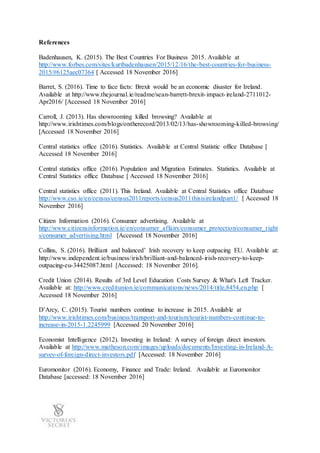 References
Badenhausen, K. (2015). The Best Countries For Business 2015. Available at
http://www.forbes.com/sites/kurtbadenhausen/2015/12/16/the-best-countries-for-business-
2015/#6125aec07364 [ Accessed 18 November 2016]
Barret, S. (2016). Time to face facts: Brexit would be an economic disaster for Ireland.
Available at http://www.thejournal.ie/readme/sean-barrett-brexit-impact-ireland-2711012-
Apr2016/ [Accessed 18 November 2016]
Carroll, J. (2013). Has showrooming killed browsing? Available at
http://www.irishtimes.com/blogs/ontherecord/2013/02/13/has-showrooming-killed-browsing/
[Accessed 18 November 2016]
Central statistics office (2016). Statistics. Available at Central Statistic office Database [
Accessed 18 November 2016]
Central statistics office (2016). Population and Migration Estimates. Statistics. Available at
Central Statistics office Database [ Accessed 18 November 2016]
Central statistics office (2011). This Ireland. Available at Central Statistics office Database
http://www.cso.ie/en/census/census2011reports/census2011thisisirelandpart1/ [ Accessed 18
November 2016]
Citizen Information (2016). Consumer advertising. Available at
http://www.citizensinformation.ie/en/consumer_affairs/consumer_protection/consumer_right
s/consumer_advertising.html [Accessed 18 November 2016]
Collins, S. (2016). Brilliant and balanced’ Irish recovery to keep outpacing EU. Available at:
http://www.independent.ie/business/irish/brilliant-and-balanced-irish-recovery-to-keep-
outpacing-eu-34425087.html [Accessed: 18 November 2016].
Credit Union (2014). Results of 3rd Level Education Costs Survey & What's Left Tracker.
Available at: http://www.creditunion.ie/communications/news/2014/title,8454,en.php [
Accessed 18 November 2016]
D’Arcy, C. (2015). Tourist numbers continue to increase in 2015. Available at
http://www.irishtimes.com/business/transport-and-tourism/tourist-numbers-continue-to-
increase-in-2015-1.2245999 [Accessed 20 November 2016]
Economist Intelligence (2012). Investing in Ireland: A survey of foreign direct investors.
Available at http://www.matheson.com/images/uploads/documents/Investing-in-Ireland-A-
survey-of-foreign-direct-investors.pdf [Accessed: 18 November 2016]
Euromonitor (2016). Economy, Finance and Trade: Ireland. Available at Euromonitor
Database [accessed: 18 November 2016]
 