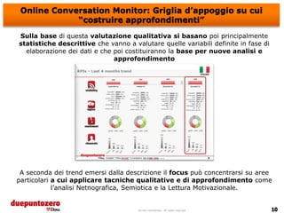 Online Conversation Monitor: Griglia d’appoggio su cui
             “costruire approfondimenti”
Sulla base di questa valutazione qualitativa si basano poi principalmente
statistiche descrittive che vanno a valutare quelle variabili definite in fase di
  elaborazione dei dati e che poi costituiranno la base per nuove analisi e
                              approfondimento




 A seconda dei trend emersi dalla descrizione il focus può concentrarsi su aree
particolari a cui applicare tacniche qualitative e di approfondimento come
            l’analisi Netnografica, Semiotica e la Lettura Motivazionale.


                                      Strictly confidential - All rights reserved
 
