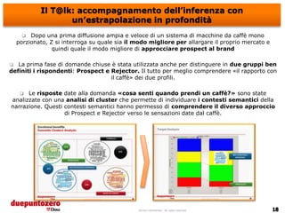 Il T@lk: accompagnamento dell’inferenza con
                   un’estrapolazione in profondità
        Dopo una prima diffusione ampia e veloce di un sistema di macchine da caffè mono
    porzionato, Z si interroga su quale sia il modo migliore per allargare il proprio mercato e
                 quindi quale il modo migliore di approcciare prospect al brand

  La prima fase di domande chiuse è stata utilizzata anche per distinguere in due gruppi ben
definiti i rispondenti: Prospect e Rejector. Il tutto per meglio comprendere «il rapporto con
                                   il caffè» dei due profili.

     Le risposte date alla domanda «cosa senti quando prendi un caffè?» sono state
analizzate con una analisi di cluster che permette di individuare i contesti semantici della
narrazione. Questi contesti semantici hanno permesso di comprendere il diverso approccio
                   di Prospect e Rejector verso le sensazioni date dal caffè.




                                               Strictly confidential - All rights reserved
 