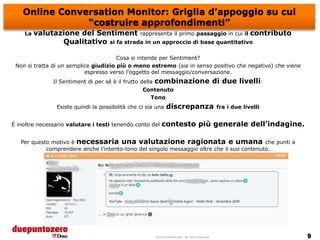 Online Conversation Monitor: Griglia d’appoggio su cui
                “costruire approfondimenti”
    La   valutazione del Sentiment rappresenta il primo passaggio in cui il contributo
                Qualitativo si fa strada in un approccio di base quantitativo

                                       Cosa si intende per Sentiment?
 Non si tratta di un semplice giudizio più o meno estremo (sia in senso positivo che negativo) che viene
                           espresso verso l’oggetto del messaggio/conversazione.
               Il Sentiment di per sé è il frutto della   combinazione di due livelli:
                                                  Contenuto
                                                    Tono
                Esiste quindi la possibilità che ci sia una       discrepanza                           fra i due livelli


È inoltre necessario valutare i testi tenendo conto del       contesto più generale dell’indagine.

   Per questo motivo è necessaria una valutazione ragionata e umana che punti a
            comprendere anche l’intento-tono del singolo messaggio oltre che il suo contenuto.




                                                          Strictly confidential - All rights reserved
 