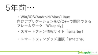/ 55
5年前…
・Win/iOS/Android/Mac/Linux
向けアプリケーションをC/C++で開発できる
フレームワーク「Wizapply」
・スマートフォン情報サイト「smarter」
・スマートフォングッズ通販「smatcha」
26
 