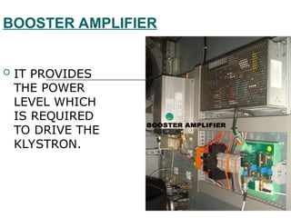 BOOSTER AMPLIFIER
 IT PROVIDES
THE POWER
LEVEL WHICH
IS REQUIRED
TO DRIVE THE
KLYSTRON.
 