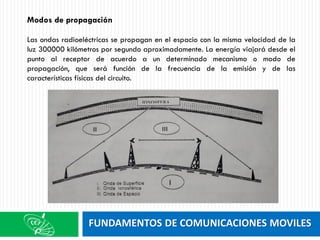 FUNDAMENTOS DE COMUNICACIONES MOVILES
Modos de propagación
Las ondas radioeléctricas se propagan en el espacio con la misma velocidad de la
luz 300000 kilómetros por segundo aproximadamente. La energía viajará desde el
punto al receptor de acuerdo a un determinado mecanismo o modo de
propagación, que será función de la frecuencia de la emisión y de las
características físicas del circuito.
 
