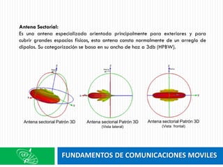 FUNDAMENTOS DE COMUNICACIONES MOVILES
Antena Sectorial:
Es una antena especializada orientada principalmente para exteriores y para
cubrir grandes espacios físicos, esta antena consta normalmente de un arreglo de
dipolos. Su categorización se basa en su ancho de haz a 3db (HPBW).
Antena sectorial Patrón 3D Antena sectorial Patrón 3D
(Vista lateral)
Antena sectorial Patrón 3D
(Vista frontal)
 