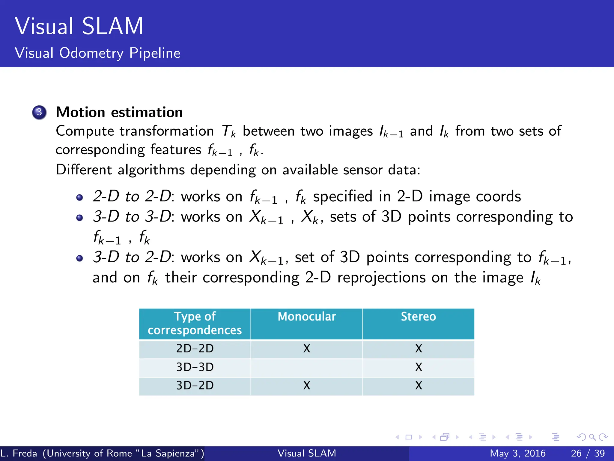 Visual SLAM
Visual Odometry Pipeline
3 Motion estimation
Compute transformation Tk between two images Ik−1 and Ik from two sets of
corresponding features fk−1 , fk .
Different algorithms depending on available sensor data:
2-D to 2-D: works on fk−1 , fk specified in 2-D image coords
3-D to 3-D: works on Xk−1 , Xk , sets of 3D points corresponding to
fk−1 , fk
3-D to 2-D: works on Xk−1, set of 3D points corresponding to fk−1,
and on fk their corresponding 2-D reprojections on the image Ik
L. Freda (University of Rome ”La Sapienza”) Visual SLAM May 3, 2016 26 / 39
 