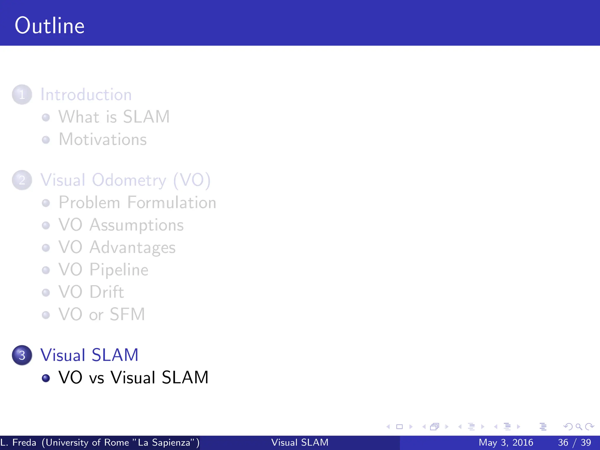 Outline
1 Introduction
What is SLAM
Motivations
2 Visual Odometry (VO)
Problem Formulation
VO Assumptions
VO Advantages
VO Pipeline
VO Drift
VO or SFM
3 Visual SLAM
VO vs Visual SLAM
L. Freda (University of Rome ”La Sapienza”) Visual SLAM May 3, 2016 36 / 39
 