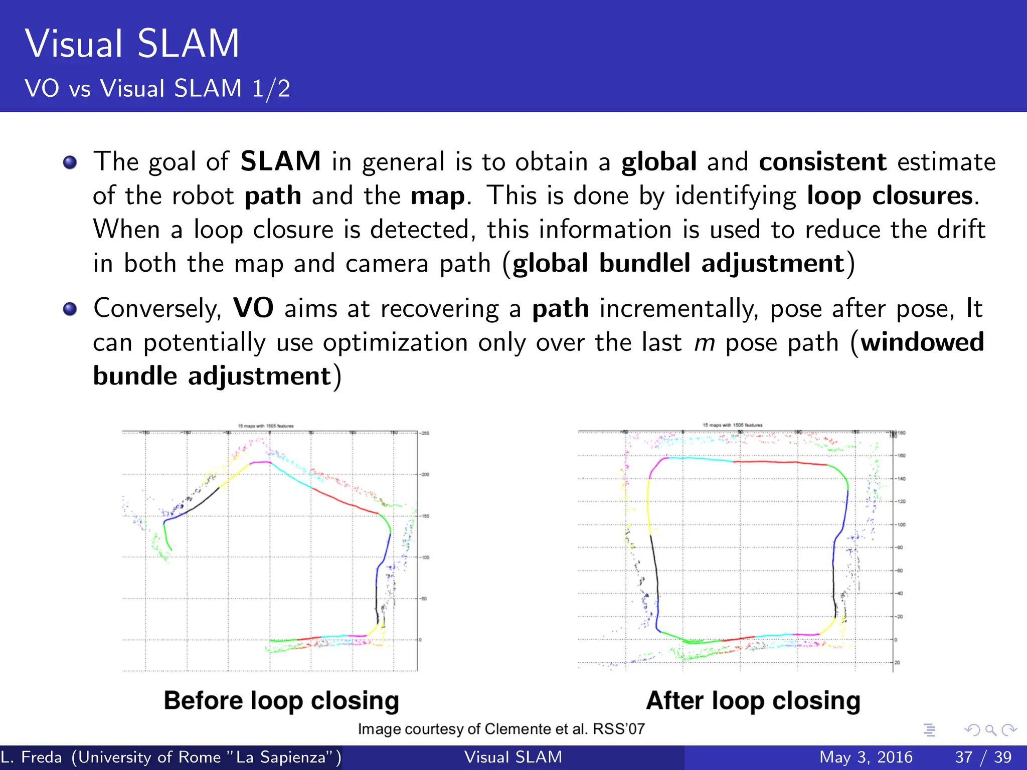 Visual SLAM
VO vs Visual SLAM 1/2
The goal of SLAM in general is to obtain a global and consistent estimate
of the robot path and the map. This is done by identifying loop closures.
When a loop closure is detected, this information is used to reduce the drift
in both the map and camera path (global bundlel adjustment)
Conversely, VO aims at recovering a path incrementally, pose after pose, It
can potentially use optimization only over the last m pose path (windowed
bundle adjustment)
L. Freda (University of Rome ”La Sapienza”) Visual SLAM May 3, 2016 37 / 39
 