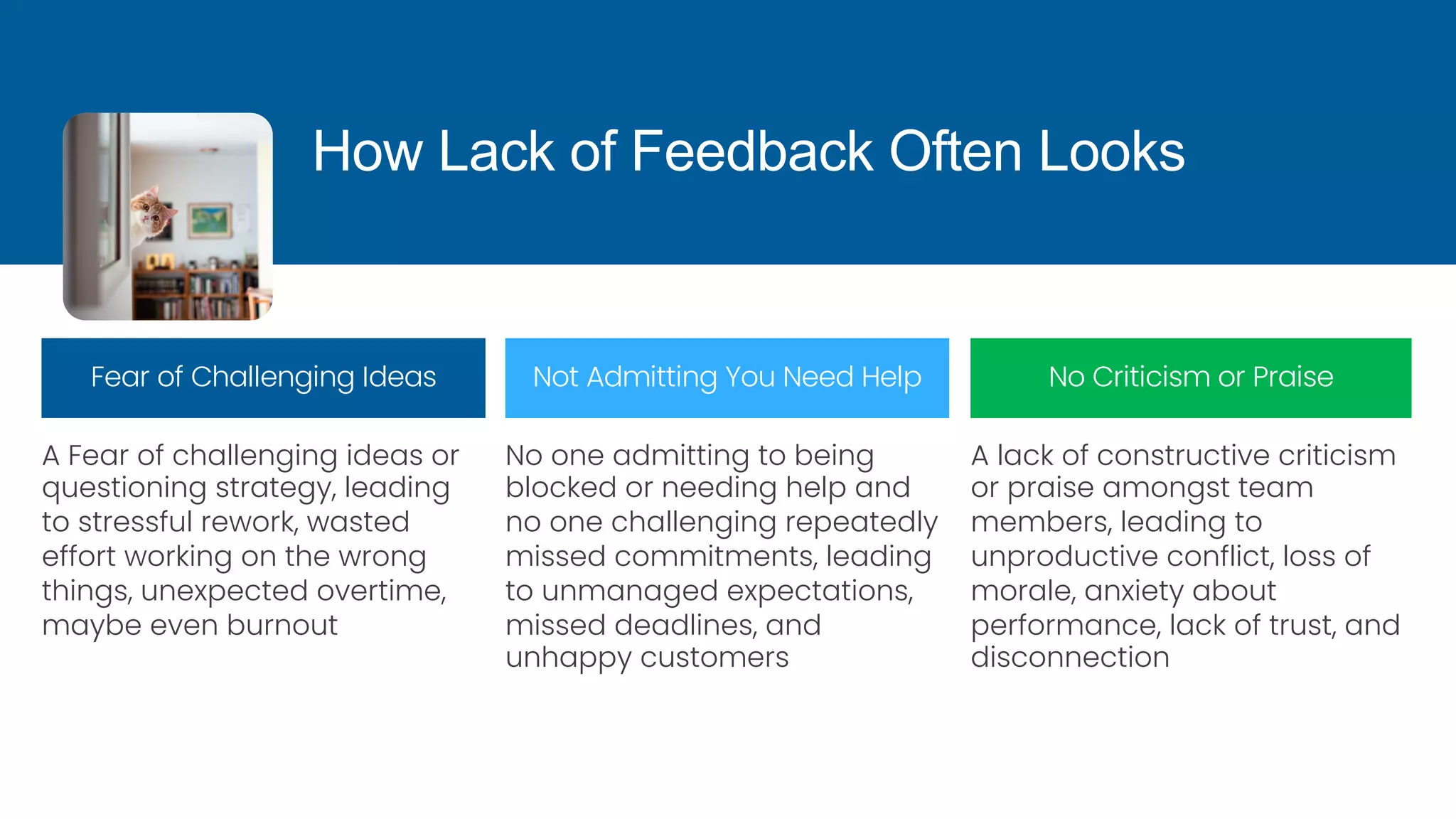 How Lack of Feedback Often Looks
Fear of Challenging Ideas
A Fear of challenging ideas or
questioning strategy, leading
to stressful rework, wasted
effort working on the wrong
things, unexpected overtime,
maybe even burnout
Not Admitting You Need Help
No one admitting to being
blocked or needing help and
no one challenging repeatedly
missed commitments, leading
to unmanaged expectations,
missed deadlines, and
unhappy customers
No Criticism or Praise
A lack of constructive criticism
or praise amongst team
members, leading to
unproductive conflict, loss of
morale, anxiety about
performance, lack of trust, and
disconnection
 