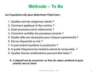 Méthode – To Be
1. Quelles sont les exigences clients ?
2. Comment appliquer le flux continu ?
3. Quel processus est le métronome ?
4. Comment contrôler les processus amonts ?
5. Quelle taille est nécessaire pour chaque supermarché ?
6. Est-ce séquentiel ou tiré ?
7. A quel endroit équilibrer la production ?
8. A quelle fréquence les kanbans seront-ils renouvelés ?
9. Quelles futures améliorations peuvent être faites ?
Les 9 questions clés pour déterminer l’Etat Futur :
 L’objectif est de concevoir un flux de valeur amélioré et plus
orienté vers le client
Pr Abdelmajid ELOUADI- 2016 16
 