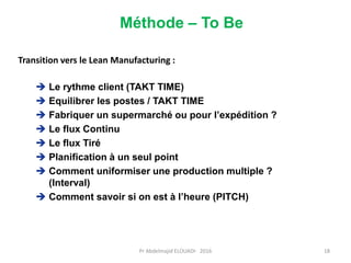  Le rythme client (TAKT TIME)
 Equilibrer les postes / TAKT TIME
 Fabriquer un supermarché ou pour l’expédition ?
 Le flux Continu
 Le flux Tiré
 Planification à un seul point
 Comment uniformiser une production multiple ?
(Interval)
 Comment savoir si on est à l’heure (PITCH)
Transition vers le Lean Manufacturing :
Méthode – To Be
Pr Abdelmajid ELOUADI- 2016 18
 