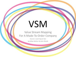 VSM
Value Stream Mapping
For A Made-To-Order Company
Source: Learning to See
by Mike Rother & John Shook
 