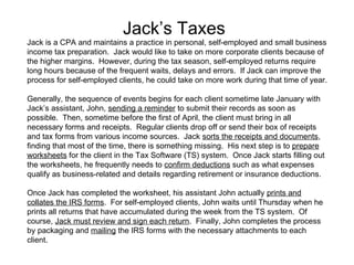 Jack’s Taxes
Jack is a CPA and maintains a practice in personal, self-employed and small business
income tax preparation. Jack would like to take on more corporate clients because of
the higher margins. However, during the tax season, self-employed returns require
long hours because of the frequent waits, delays and errors. If Jack can improve the
process for self-employed clients, he could take on more work during that time of year.
Generally, the sequence of events begins for each client sometime late January with
Jack’s assistant, John, sending a reminder to submit their records as soon as
possible. Then, sometime before the first of April, the client must bring in all
necessary forms and receipts. Regular clients drop off or send their box of receipts
and tax forms from various income sources. Jack sorts the receipts and documents,
finding that most of the time, there is something missing. His next step is to prepare
worksheets for the client in the Tax Software (TS) system. Once Jack starts filling out
the worksheets, he frequently needs to confirm deductions such as what expenses
qualify as business-related and details regarding retirement or insurance deductions.
Once Jack has completed the worksheet, his assistant John actually prints and
collates the IRS forms. For self-employed clients, John waits until Thursday when he
prints all returns that have accumulated during the week from the TS system. Of
course, Jack must review and sign each return. Finally, John completes the process
by packaging and mailing the IRS forms with the necessary attachments to each
client.
 