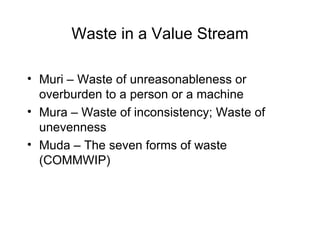 Waste in a Value Stream
• Muri – Waste of unreasonableness or
overburden to a person or a machine
• Mura – Waste of inconsistency; Waste of
unevenness
• Muda – The seven forms of waste
(COMMWIP)
 