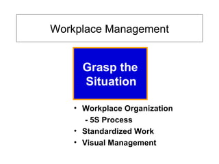 • Workplace Organization
- 5S Process
• Standardized Work
• Visual Management
Grasp the
Situation
Workplace Management
 