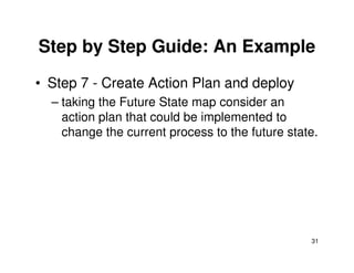 Step by Step Guide: An Example
• Step 7 - Create Action Plan and deploy
– taking the Future State map consider an
action plan that could be implemented to
change the current process to the future state.
31
change the current process to the future state.
 