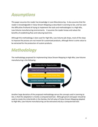 4	
  
	
  
This	
  paper	
  assumes	
  the	
  reader	
  has	
  knowledge	
  in	
  Lean	
  Manufacturing.	
  	
  It	
  also	
  assumes	
  that	
  the	
  
reader	
  is	
  knowledgeable	
  in	
  Value	
  Stream	
  Mapping	
  as	
  described	
  in	
  Learning	
  to	
  See,	
  and	
  has	
  seen	
  
the	
  difficulties	
  firsthand	
  of	
  trying	
  to	
  implement	
  the	
  tools	
  and	
  methodologies	
  in	
  a	
  High-­‐Mix,	
  
Low-­‐Volume	
  manufacturing	
  environments.	
  	
  	
  It	
  assumes	
  the	
  reader	
  knows	
  and	
  values	
  the	
  
benefits	
  of	
  establishing	
  flow	
  and	
  reducing	
  lead	
  time.	
  
Although	
  this	
  methodology	
  is	
  best	
  used	
  for	
  High-­‐Mix,	
  Low-­‐Volume	
  job	
  shops,	
  most	
  of	
  the	
  steps	
  
to	
  improve	
  the	
  process	
  are	
  not	
  meant	
  for	
  customized	
  products,	
  although	
  there	
  is	
  some	
  value	
  to	
  
be	
  extracted	
  for	
  the	
  production	
  of	
  custom	
  products.	
  
The	
  methodology	
  proposed	
  for	
  implementing	
  Value	
  Stream	
  Mapping	
  in	
  High-­‐Mix,	
  Low-­‐Volume	
  
manufacturing	
  is	
  the	
  following:	
  
	
  
Another	
  large	
  deviation	
  of	
  the	
  proposed	
  methodology	
  versus	
  the	
  concept	
  used	
  in	
  Learning	
  to	
  
See,	
  is	
  that	
  the	
  adaptation	
  is	
  mostly	
  a	
  computerized	
  tool.	
  	
  Although	
  pencil	
  and	
  paper	
  should	
  be	
  
used	
  to	
  create	
  the	
  initial	
  drafts	
  in	
  the	
  Gemba,	
  the	
  full	
  value	
  of	
  Value	
  Stream	
  Mapping	
  adapted	
  
to	
  High-­‐Mix,	
  Low-­‐Volume	
  manufacturing	
  can	
  be	
  extracted	
  only	
  by	
  a	
  computerized	
  tool.	
  	
  	
  
	
  
	
  
	
  
	
  
	
  
Analyze	
  Mix	
  for	
  Opportunities	
  
Create	
  Full	
  Current	
  State	
  Value	
  Stream	
  Map	
  
Create	
  Full	
  Future	
  State	
  Value	
  Stream	
  Map	
  
Complete	
  Separate	
  Family	
  Value	
  Stream	
  Maps	
  
Form	
  Implementation	
  Plan	
  
 