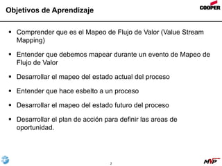 2
Objetivos de Aprendizaje
 Comprender que es el Mapeo de Flujo de Valor (Value Stream
Mapping)
 Entender que debemos mapear durante un evento de Mapeo de
Flujo de Valor
 Desarrollar el mapeo del estado actual del proceso
 Entender que hace esbelto a un proceso
 Desarrollar el mapeo del estado futuro del proceso
 Desarrollar el plan de acción para definir las areas de
oportunidad.
 