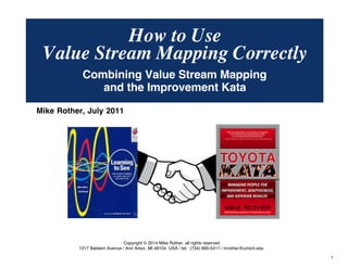 © Mike Rother TOYOTA KATA
1
How to Use
Mike Rother, July 2011
Copyright © 2014 Mike Rother, all rights reserved
1217 Baldwin Avenue / Ann Arbor, MI 48104 USA / tel: (734) 665-5411 / mrother@umich.edu
Value Stream Mapping Correctly
Combining Value Stream Mapping
and the Improvement Kata
 