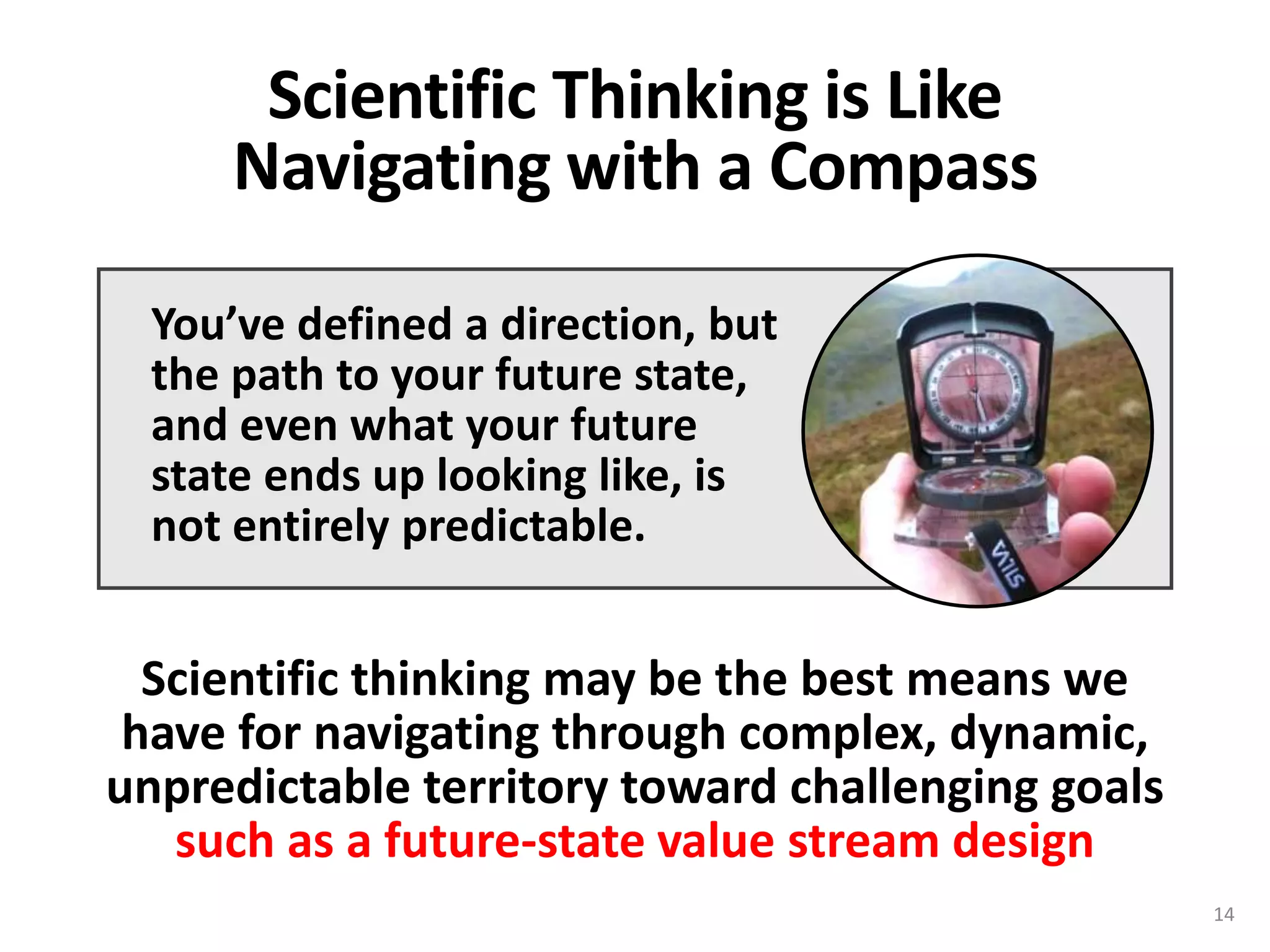 Scientific Thinking is Like
Navigating with a Compass
Scientific thinking may be the best means we
have for navigating through complex, dynamic,
unpredictable territory toward challenging goals
such as a future-state value stream design
You’ve defined a direction, but
the path to your future state,
and even what your future
state ends up looking like, is
not entirely predictable.
14
 