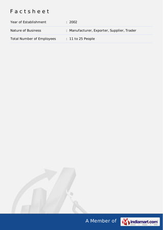 A Member of
F a c t s h e e t
Year of Establishment : 2002
Nature of Business : Manufacturer, Exporter, Supplier, Trader
Total Number of Employees : 11 to 25 People
 