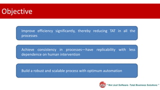 “ Not Just Software. Total Business Solutions ”
Objective
Improve efficiency significantly, thereby reducing TAT in all the
processes
Achieve consistency in processes—have replicability with less
dependence on human intervention
Build a robust and scalable process with optimum automation
 