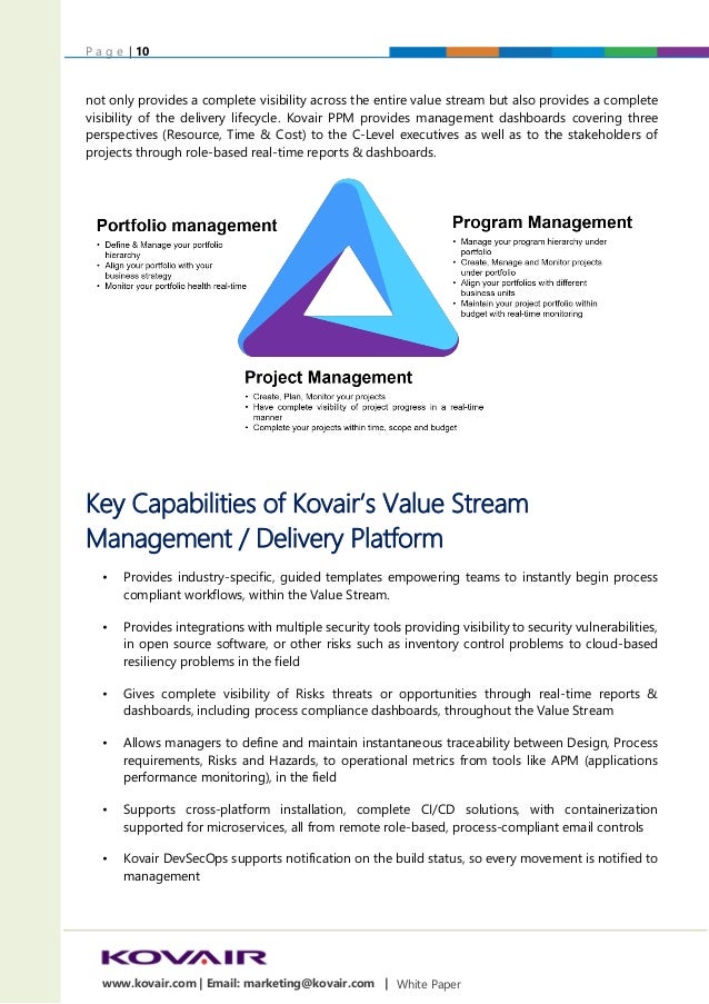 P a g e | 10
White Paper
www.kovair.com | Email: marketing@kovair.com |
not only provides a complete visibility across the entire value stream but also provides a complete
visibility of the delivery lifecycle. Kovair PPM provides management dashboards covering three
perspectives (Resource, Time & Cost) to the C-Level executives as well as to the stakeholders of
projects through role-based real-time reports & dashboards.
Key Capabilities of Kovair’s Value Stream
Management / Delivery Platform
• Provides industry-specific, guided templates empowering teams to instantly begin process
compliant workflows, within the Value Stream.
• Provides integrations with multiple security tools providing visibility to security vulnerabilities,
in open source software, or other risks such as inventory control problems to cloud-based
resiliency problems in the field
• Gives complete visibility of Risks threats or opportunities through real-time reports &
dashboards, including process compliance dashboards, throughout the Value Stream
• Allows managers to define and maintain instantaneous traceability between Design, Process
requirements, Risks and Hazards, to operational metrics from tools like APM (applications
performance monitoring), in the field
• Supports cross-platform installation, complete CI/CD solutions, with containerization
supported for microservices, all from remote role-based, process-compliant email controls
• Kovair DevSecOps supports notification on the build status, so every movement is notified to
management
 