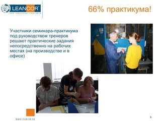 66% практикума! Участники семинара-практикума под руководством тренеров решают практические задания непосредственно на рабочих местах (на производстве и в офисе) 