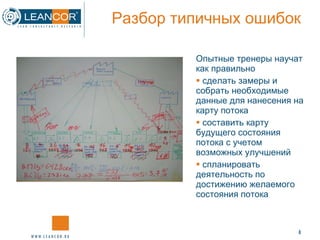 Разбор типичных ошибок Опытные тренеры научат как правильно сделать замеры и собрать необходимые данные для нанесения на карту потока составить карту будущего состояния потока с учетом возможных улучшений спланировать деятельность по достижению желаемого состояния потока 