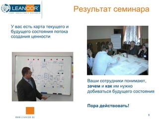 Результат семинара У вас есть карта текущего и будущего состояния потока создания ценности Ваши сотрудники понимают,  зачем  и  как  им нужно добиваться будущего состояния Пора действовать! 