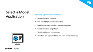 Select a Model
Application
Preferred application characteristics:
• Frequent change requests
• Will benefit from shorter lead times
• Leaders and team members are open to change
• Cost of a release is significant
• Significant but not extreme risk
• Toolchain is in place and does not need wholesale change
 
