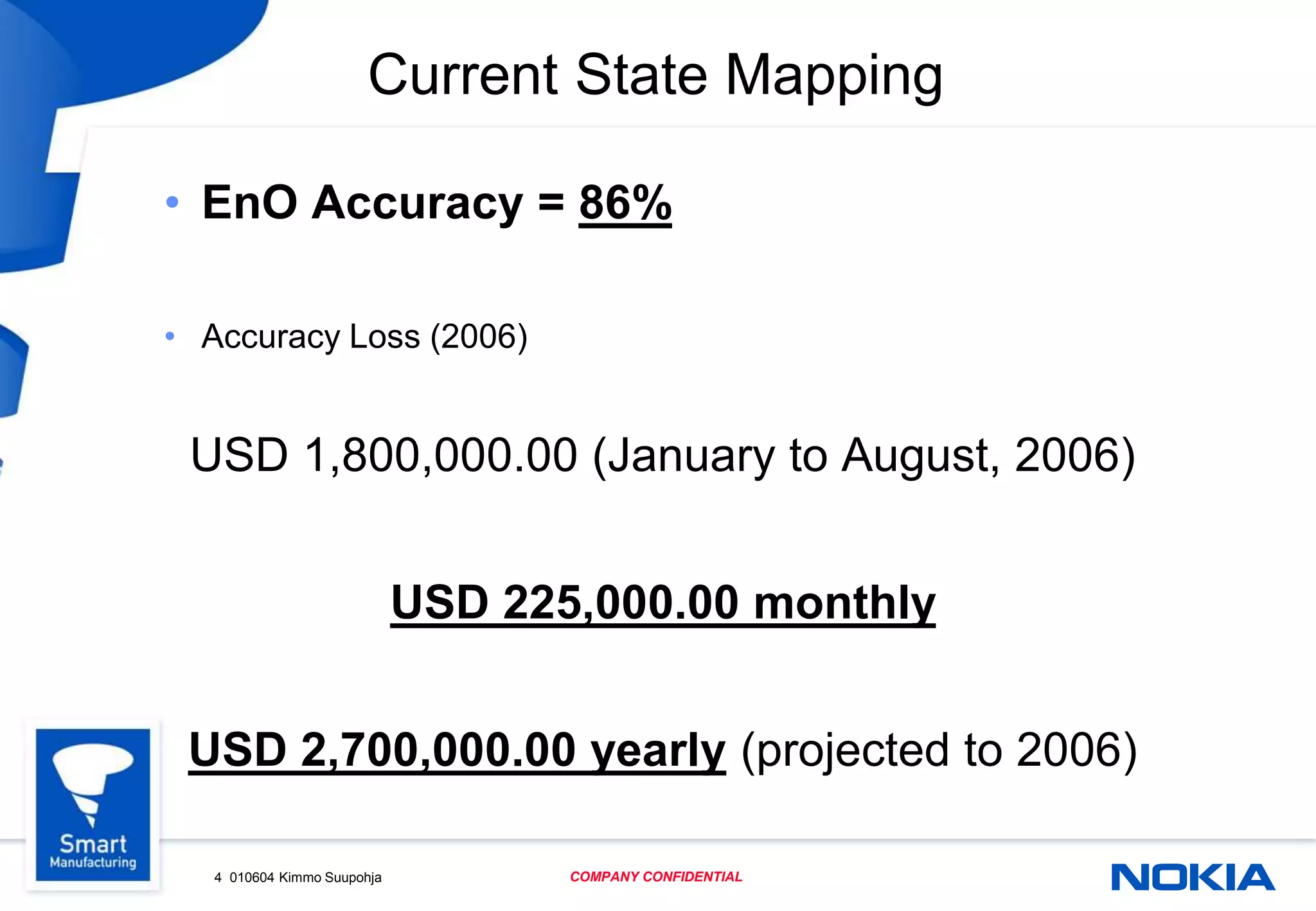 4 010604 Kimmo Suupohja COMPANY CONFIDENTIAL
Current State Mapping
• EnO Accuracy = 86%
• Accuracy Loss (2006)
USD 1,800,000.00 (January to August, 2006)
USD 225,000.00 monthly
USD 2,700,000.00 yearly (projected to 2006)
 