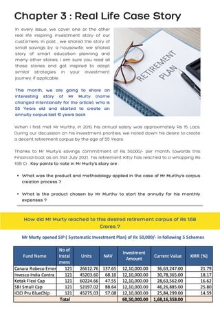 In every issue, we cover one or the other
real life inspiring investment story of our
customers. In past , we shared the story of
small savings by. a housewife; we shared
story of smart education planning and
many other stories. I am sure you read all
those stories and got inspired to adopt
similar strategies in your investment
journey, if applicable.
This month, we are going to share an
interesting story of Mr Murty (name
changed intentionally for the article), who is
55 Years old and started to create an
annuity corpus last 10 years back
Chapter 3 : Real Life Case Story
What was the product and methodology applied in the case of Mr Murthy's corpus
creation process ?
What is the product chosen by Mr Murthy to start the annuity for his monthly
expenses ?
When I first met Mr Murthy, in 2010, his annual salary was approximately Rs 15 Lacs.
During our discussion on his investment priorities, we noted down his desire to create
a decent retirement corpus by the age of 55 Years.
Thanks to Mr Murty's savings commitment of Rs 50,000/- per month, towards this
Financial Goal; as on 31st July 2021, his retirement Kitty has reached to a whopping Rs
1.68 Cr . Key points to note in Mr Murty's story are :
How did Mr Murty reached to this desired retirement corpus of Rs 1.68
Crores ?
 