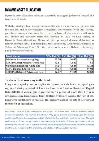 Dynamic asset allocation relies on a portfolio manager's judgment instead of a
target mix of assets.
With this strategy, fund managers constantly adjust the mix of assets as markets
rise and fall, and as the economy strengthens and weakens. With this strategy,
your fund manager aims to achieve the very basic of investments - sell assets
that decline and purchase assets that increase. In India we have variety of
Dynamic Asset Allocations. Almost all have generated descent alpha (excess
returns over the FDs & Bonds) in past. Most commonly such funds are named as
'Balanced Advantage Fund'. See the list of some selected Balanced Advantage
Fund for your reference :
DYNAMIC ASSET ALLOCATION
Long term capital gains tax applies to returns on such funds. A capital gain
registered during a period of less than 1 year is defined as Short-term Capital
Gain (STCG). A capital gain registered over a period of more than 1 year is
defined as Long-term Capital Gains (LTCG). STCG are taxed at the rate of 15%.
Long term capital gains in excess of Rs 1 lakh are taxed at the rate of 10% without
the benefit of indexation.
Tax benefits of investing in the fund:
Disclaimer : Mutual Fund investments are subject to market risks, read all scheme related
documents carefully. The NAVs of the schemes may go up or down depending upon the factors
and forces affecting the securities market including the fluctuations in the interest rates. The past
performance of the mutual funds is not necessarily indicative of future performance of the
schemes. The Mutual Fund is not guaranteeing or assuring any dividend under any of the schemes
and the same is subject to the availability and adequacy of distributable surplus.
www.vsnfinancialservices.com Page 05
 