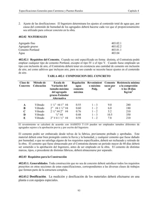 Especificaciones Generales para Carreteras y Puentes Rurales Capítulo 4
93
2. Ajuste de las dosificaciones: El Ingeniero determinara los ajustes al contenido total de agua que, por
causa del contenido de humedad de los agregados deberá hacerse cada vez que el proporcionamiento
sea utilizado para colocar concreto en la obra.
402.02 MATERIALES
Agregado fino 403.02.1
Agregado grueso 403.02.2
Cemento Portland 403.01.1
Agua 403.04
402.02.1 Requisitos del Cemento. Cuando no esté especificado en forma distinta, el Contratista podrá
emplear cualquier tipo de cemento Portland, excepto el tipo IV o el tipo V. Cuando fuese empleado un
tipo con inclusión de aire, el Contratista deberá tener en existencia una cantidad de cemento sin inclusión
de aire, así como aditivos que incluyan aire, para su uso cuando se necesite hacer ajustes en el contenido
de aire.
TABLA 402.1 COMPOSICION DEL CONCRETO
Clase de
Concreto
Método de
Colocación
Escala de
Variación del
tamaño máximo
del agregado
grueso Estándar
Alternativa
Regulación
agua
cemento
máxima
Revenimient
o máximo
Pulg.
Cemento
sacos por
m3
Resistencia mínima
a la compresión
A los 28 días
Kg/cm2
A Vibrado 1 ½” #4 1” #4 0.55 1 – 3 9.0 280
B Vibrado 2” #4 1 ½” #4 0.60 1 – 2 6.0 180
C Vibrado 2 ½” #4 2” #4 0.76 1 – 2 5.2 210
D Vibrado ¾” #4 0.48 1 – 3 10.5 350
E Vibrado 2” # 4 1 ½” #4 0.58 1 – 2 7.8 210
El revenimiento se calculará de acuerdo con AASHTO T-119 pueden ser empleados tamaños diferentes de
agregados sujetos a la aprobación previa y por escrito del Ingeniero.
El cemento podrá ser embarcado desde tolvas de la fabrica, previamente probado y aprobadas. Este
material deberá estar bien protegido contra la lluvia y la humedad, y cualquier cemento que fuese dañado
por humedad, o que no satisfaga alguno de los requisitos especificados, deberá ser rechazado y retirado de
la obra. El cemento que fuese almacenado por el Contratista durante un período mayor de 60 días deberá
ser sometido a la aprobación del Ingeniero, antes de ser empleado en la obra. El cemento de distintas
marcas, tipos, o procedente de distintas fábricas, deberá almacenarse por separado.
402.03 Requisitos para la Construcción
402.03.1. Generalidades. Toda construcción que no sea de concreto deberá satisfacer todos los requisitos
prescritos en otras secciones de estas especificaciones, correspondientes a las diversas clases de trabajos
que formen parte de la estructura completa.
402.03.2 Dosificación. La medición y dosificación de los materiales deberá efectuarse en una
planta o con equipos especiales.
 