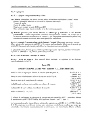 Especificaciones Generales para Carreteras y Puentes Rurales Capítulo 4
109
403.02 Agregados
403.02.1 Agregado Fino para Concreto y Anexos.
(a) Concreto. El agregado fino para el concreto deberá satisfacer los requisitos de AASHTO M6 sin
contener substancias deletéreas en exceso de los siguientes porcentajes:
Terrones de arcilla 1.0
Carbón de piedra y lignito 1.0
Material para pase por un tamiz del Número 200 3.0
Otras substancias según fuesen mostradas en las disposiciones especiales.
(b) Material granular para relleno filtrante en subdrenajes y rellenador en vías fluviales
pavimentadas. Deberán ser permeable y satisfacer los requisitos de AASHTO M6, excepto que no
se exigirán pruebas de inalterabilidad de volumen, y que las pequeñas variaciones en graduación y
contenido de sustancia delectéreas podrá ser aceptadas por el Ingeniero.
403.02.2 Agregado Grueso para Concreto de Cemento Portland. El agregado grueso para concreto
deberá satisfacer los requisitos de AASHTO M 80, excepto que la graduación deberá estar de acuerdo con
la tabla 403.1 en cuanto a los tamaños aplicables a las clases de concreto especificadas.
El agregado liviano si, fuese exigido o permitido por las disposiciones especiales, deberá someterse a los
requisitos de AASHTO M 195, sobre la graduación especificada.
403.03 Acero de Refuerzo y Alambre de amarre
403.03.1 Acero de Refuerzo Este material deberá satisfacer los requisitos de las siguientes
especificaciones de AASHTO
Tabla 403.2
ESPECIFICACIONES ASSHTO PARA ACERO Y MALLAS DE REFUERZO
Barras de acero de lingote para refuerzo de concreto grado 40; grado 60 AASHTO M 31
(ASTM A15)
Barras de acero relaminado para refuerzo de concreto: grado 50 y 60 AASHT0 M 42
(ASTM A 616)
Barras de acero de eje para refuerzo de concreto AASHTO M 53
(ASTM A 617)
Malla fabricada con barras o con varillas, para refuerzo de concreto AASHTO M 54
(ASTM A 184)
Malla alambre de acero soldado, para refuerzo de concreto AASHTO M 55
(ASTM A 185)
Barras de tamaños N° 14S y 18S AASHTO M 174
(ASTM A 408)
El refuerzo de varillas para las estructuras de concreto, excepto las varillas del N° 2, deberá ser deforma
de acuerdo con AASHTO M 137 (ASTM A305) en lo que respecta a los N° 3 hasta 11.
Las barras pasadores y los tirantes deberán satisfacer los requisitos de AASHTO M 31 (ASTM A15) o los
de M 42, excepto que no se deberán emplear acero relaminado para las barras pasadores que tengan que
ser dobladas y nuevamente enderezadas durante la construcción.. Las barras tirantes deberán ser barras
 