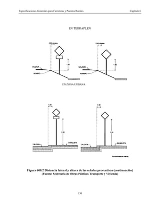 Especificaciones Generales para Carreteras y Puentes Rurales Capítulo 6
130
Figura 600.2 Distancia lateral y altura de las señales preventivas (continuación)
(Fuente: Secretaría de Obras Públicas Transporte y Vivienda)
 