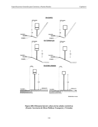 Especificaciones Generales para Carreteras y Puentes Rurales Capítulo 6
134
Figura 600.4 Distancia lateral y altura de las señales restrictivas
(Fuente: Secretaría de Obras Públicas Transporte y Vivienda)
 